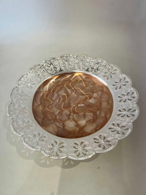 Vintage fondant dish used with scalloped edge and decorative motifs 3x20.5