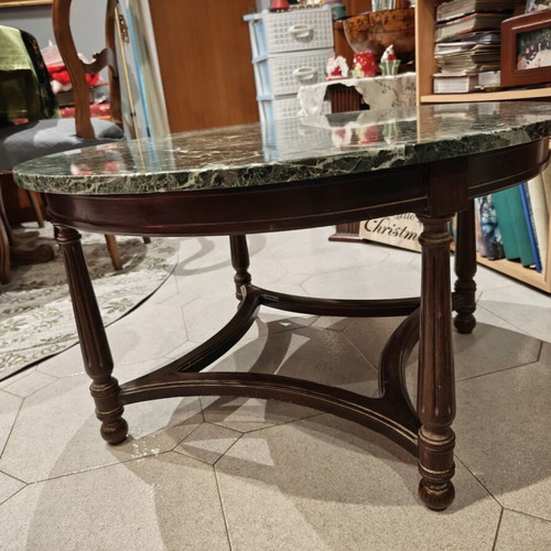 Coffee table like new with green marble top and dark wood legs