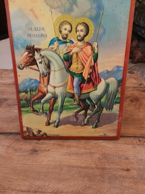 Saints Theodoroi icon used, old with signs of wear
