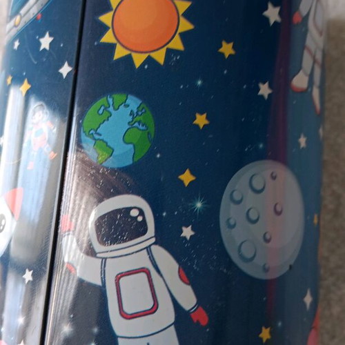 Space-themed pencil case and stickers new, includes metal piggy bank