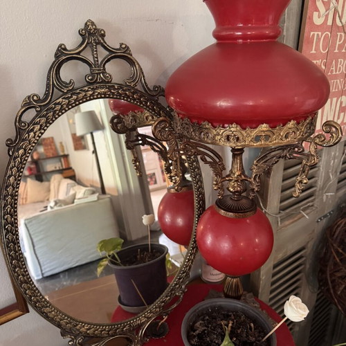 Vintage table lamp and carved oval mirror set used