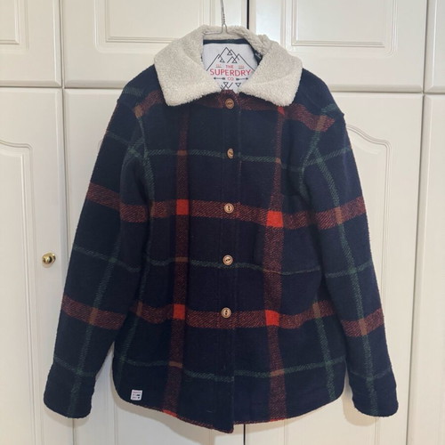 Superdry checked coat like new with fur collar, size S