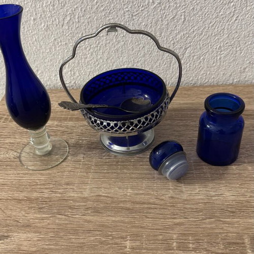 Cobalt blue glass set used with English sugar bowl