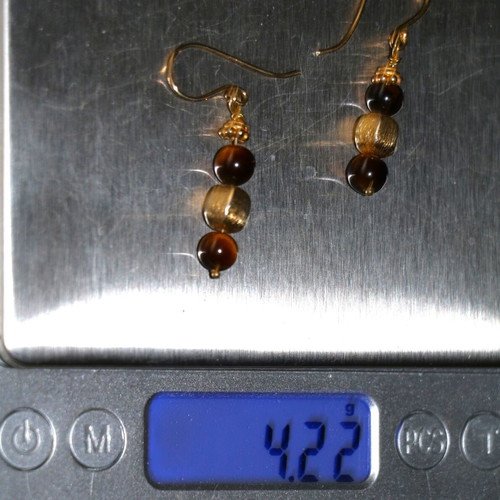 Gold earrings with tiger's eye and 22K gold-plated clasp, new