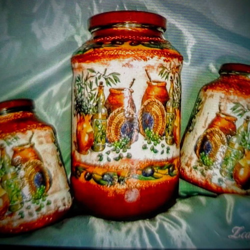 Set of 3 glass decorative kitchen jars with handmade decoupage.