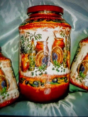 Set of 3 glass decorative kitchen jars with handmade decoupage.