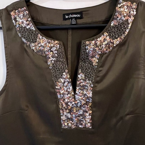 Le Chateau sleeveless satin top with sequins, olive