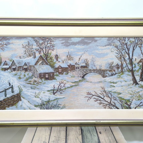 Handmade embroidery depicting snowy village, like new