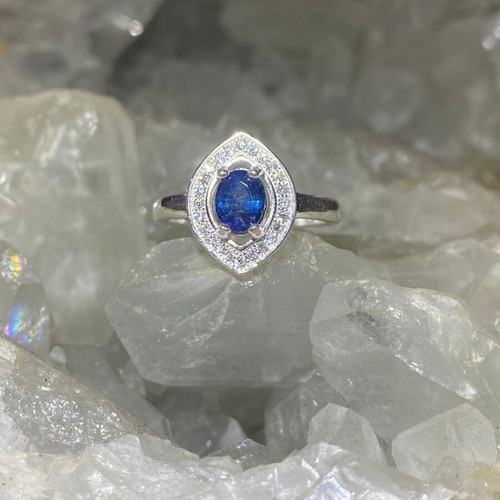 Handmade silver ring with natural blue sapphire and moissanites, size 10