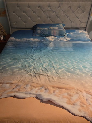 Bed 1.60m × 2.00m with light blue fabric upholstery, used, with slats, no mattress