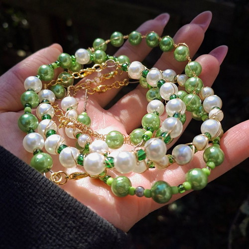 Fairycore bracelet set with green beads and pearls new