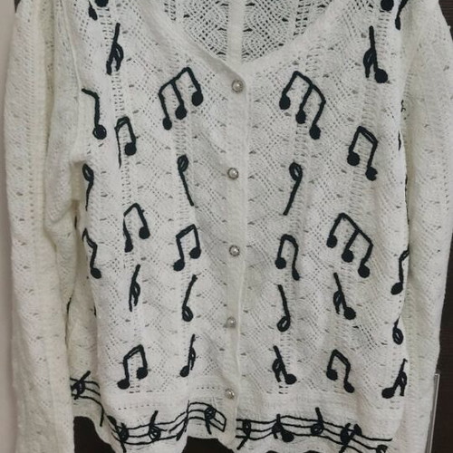 White Shein cardigan like new with embroidered black notes and pearl buttons