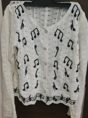 White Shein cardigan like new with embroidered black notes and pearl buttons