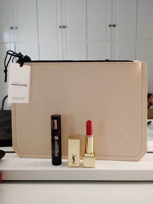 YSL makeup bag with two travel size lipstick and mascara new