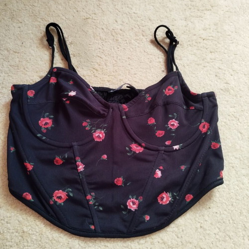 Stradivarius floral corset top used, adjustable straps, black and pink