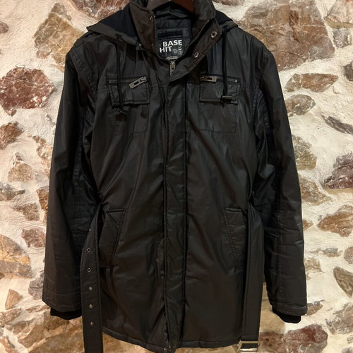 Base Hit black parka jacket, medium, detachable belt and hood