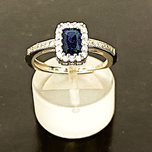 Silver Rosette Ring with Blue Zircon 6x4mm – Adjustable, New