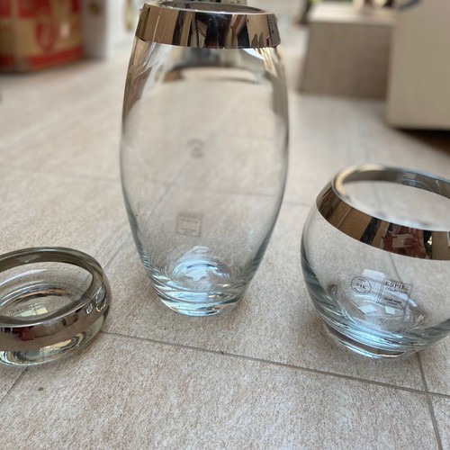 Handmade crystal set vase, ashtray, bowl 24 karat platinum new