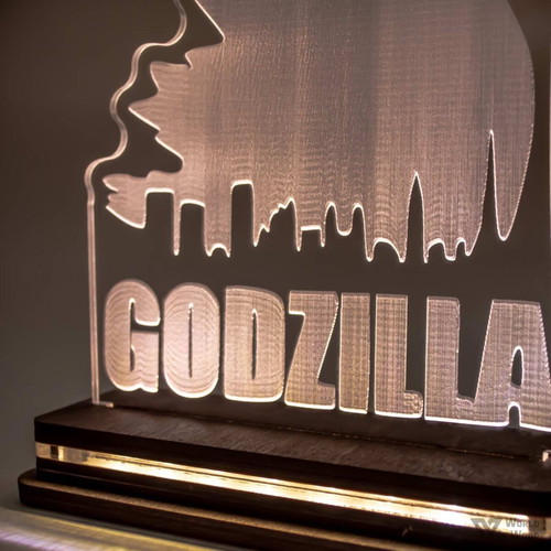 Godzilla LED lamp new with wooden base and plexiglass