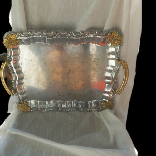Vintage metal serving tray with gold grapes and 12 paper coasters used