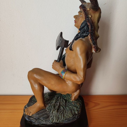 Vintage Native American warrior statue used, kneeling with spear and tomahawk