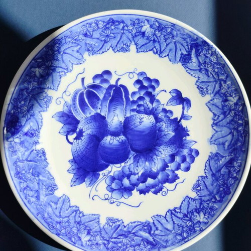 Faience platter used, large 32 cm plate with blue pumpkin design