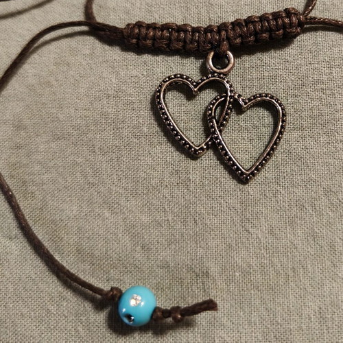 Boho handmade necklace with double heart, new, brown and turquoise