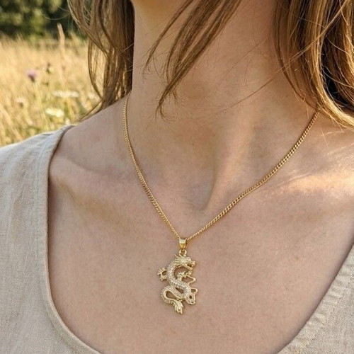 Gold dragon necklace with rhinestones, Gothic fantasy
