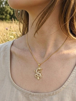 Gold dragon necklace with rhinestones, Gothic fantasy