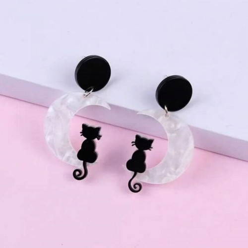 Acrylic resin earrings with cats on the moon new, black and white