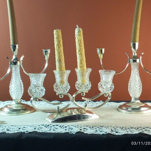 Vintage Silver Plate and Crystal Candle Holder Set of 5 NOS
