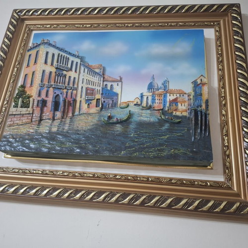 Framed painting with Venetian canal scene
