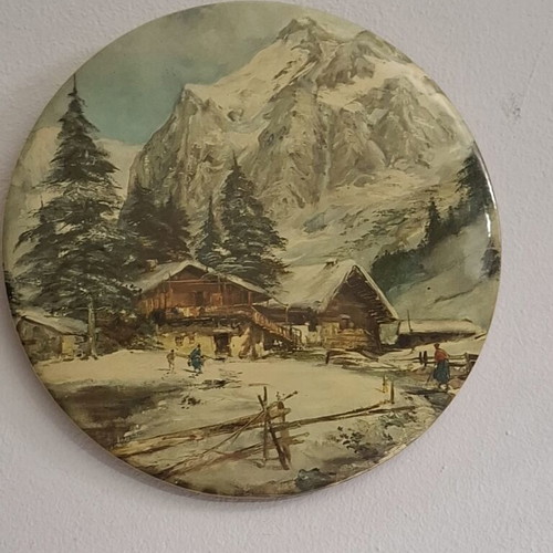Vintage Metal Decorative Wall Plate Alpine Winter Landscape 24cm like new