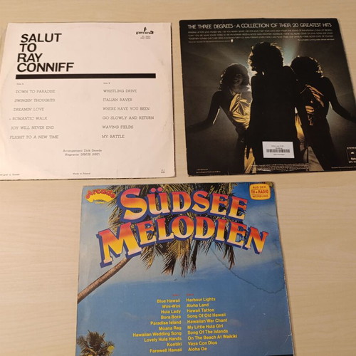 Set of 3 used vinyl records, The Three Degrees, Ray Conniff, Südsee Melodien