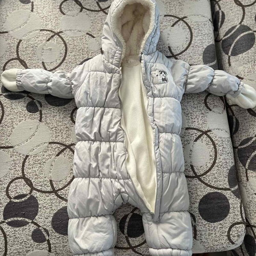 Prenatal baby snowsuit like new, silver-gray with panda design