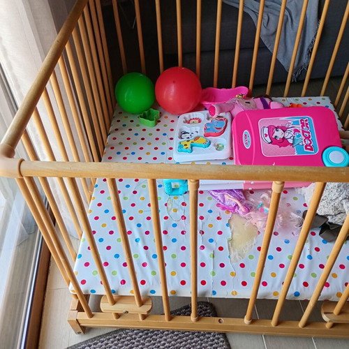 Montessori Wooden Playpen used with wheels and mattress