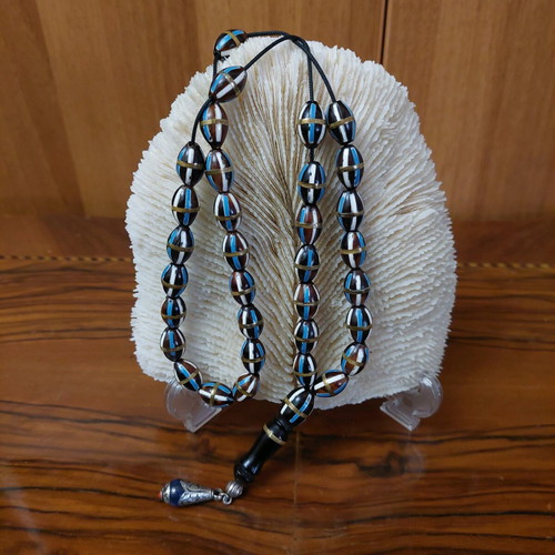 Old Egyptian Worry Beads from Kouk Wood with 33 Beads and Inlays, New