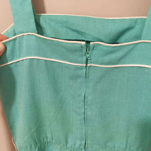 Vintage Teal Midi Dress with Pleats and White Details, Vinyl Art Clothing