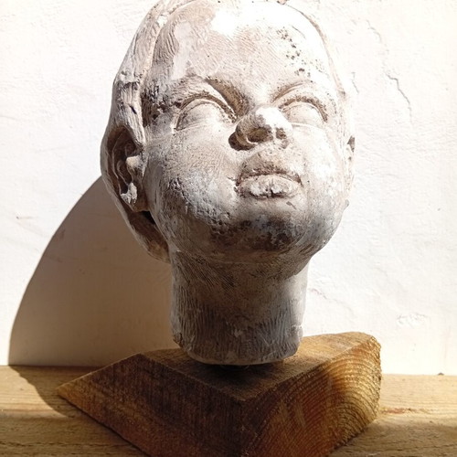 Plaster Head Sculpture on Wooden Base 23 cm, used