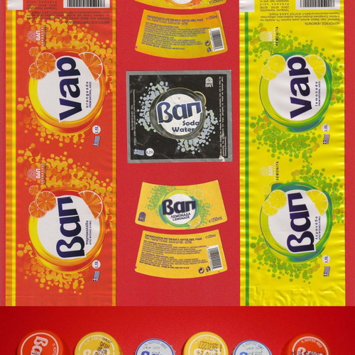 VAP soft drink labels and caps used, set of 13 pieces