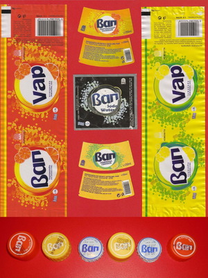 VAP soft drink labels and caps used, set of 13 pieces