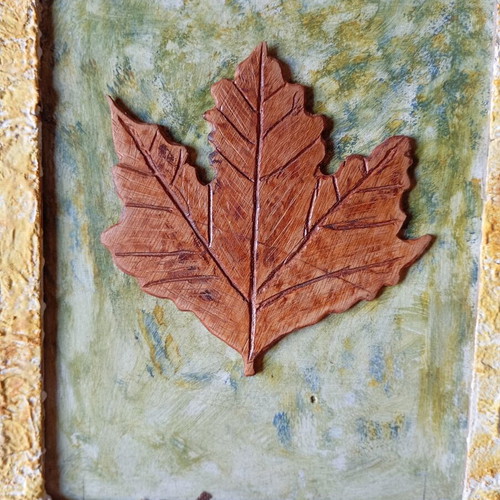 Carved relief leaf wooden wall art, handmade