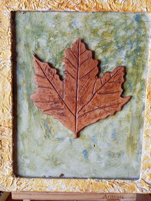 Carved relief leaf wooden wall art, handmade