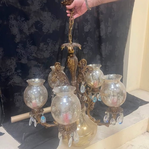 Large 5-Light Bronze Chandelier with Crystal Elements