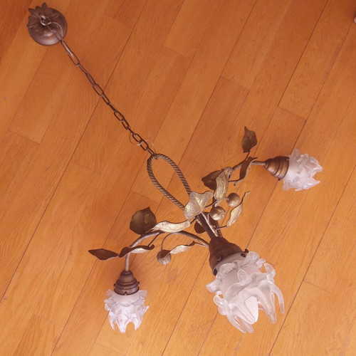 Art Nouveau 1900 French ceiling light used, gilt brass with frosted glass