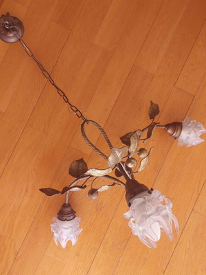 Art Nouveau 1900 French ceiling light used, gilt brass with frosted glass