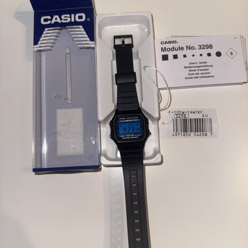 Casio F105W mod digital watch, black and blue