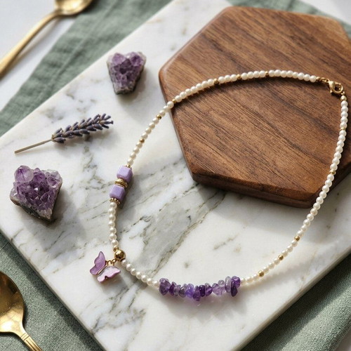 Handmade necklace with pearls, amethyst and purple butterfly like new