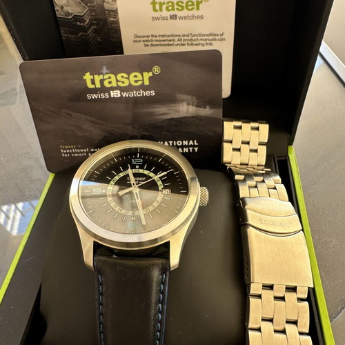 Traser Mens P59 Aurora GMT Black Leather Strap watch like new