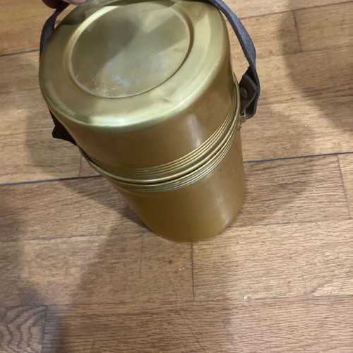Vintage thermos used with cork and leather strap
